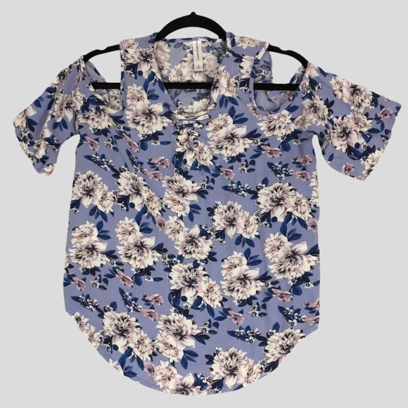 Warehouse One Cold Shoulder Floral Blouse Small Half Sleeve Violet Blue Popover - Picture 2 of 9